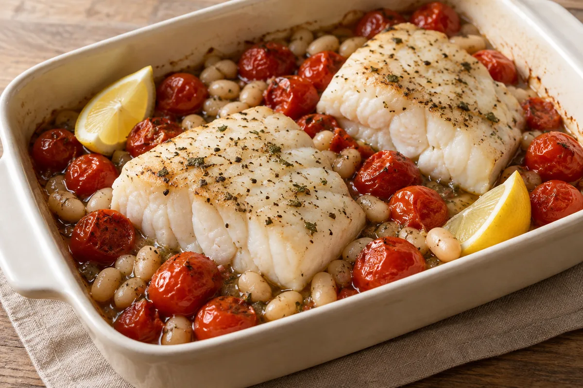 AI-generated serving inspiration for Baked Cod and Tomatoes for Two