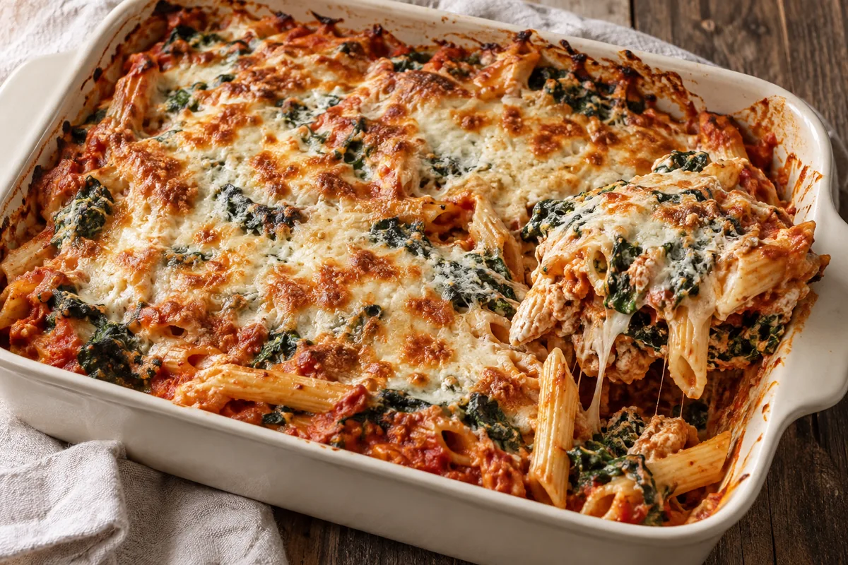 AI-generated serving inspiration for Cheesy Spinach Pasta Bake