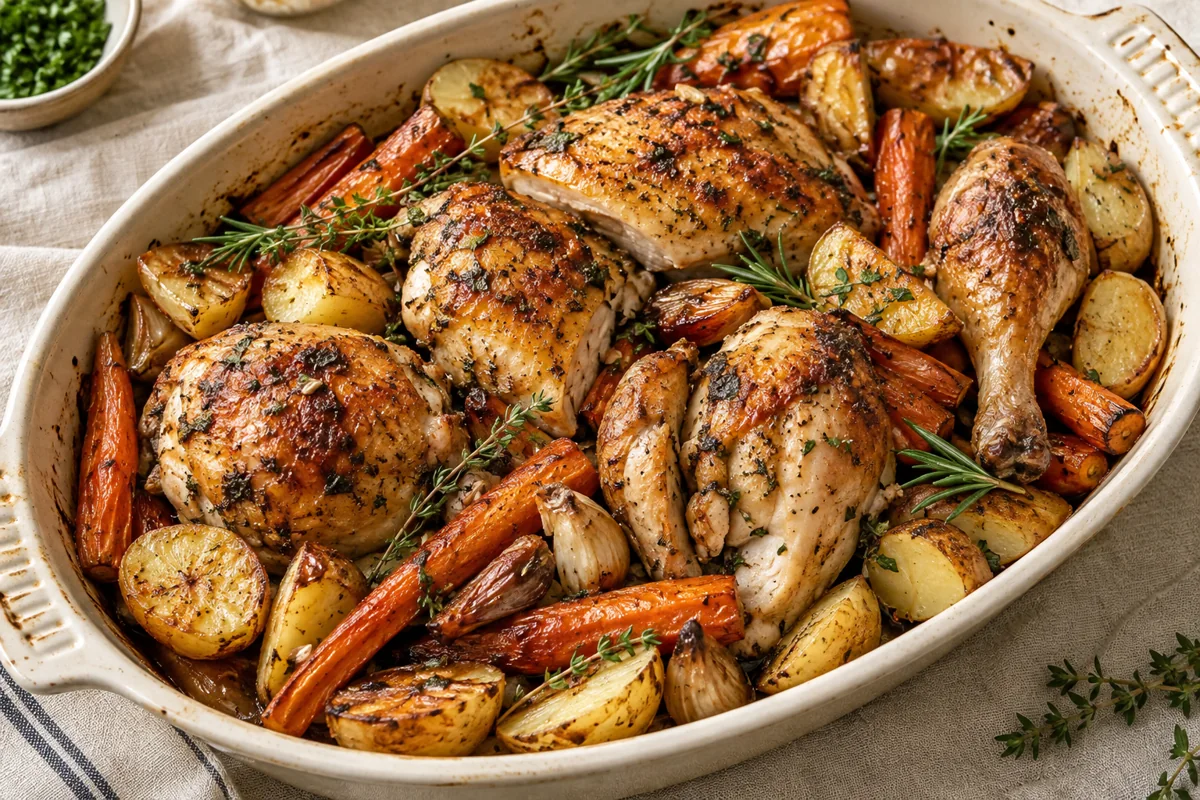 AI-generated serving inspiration: golden chicken with potatoes, carrots and herbs