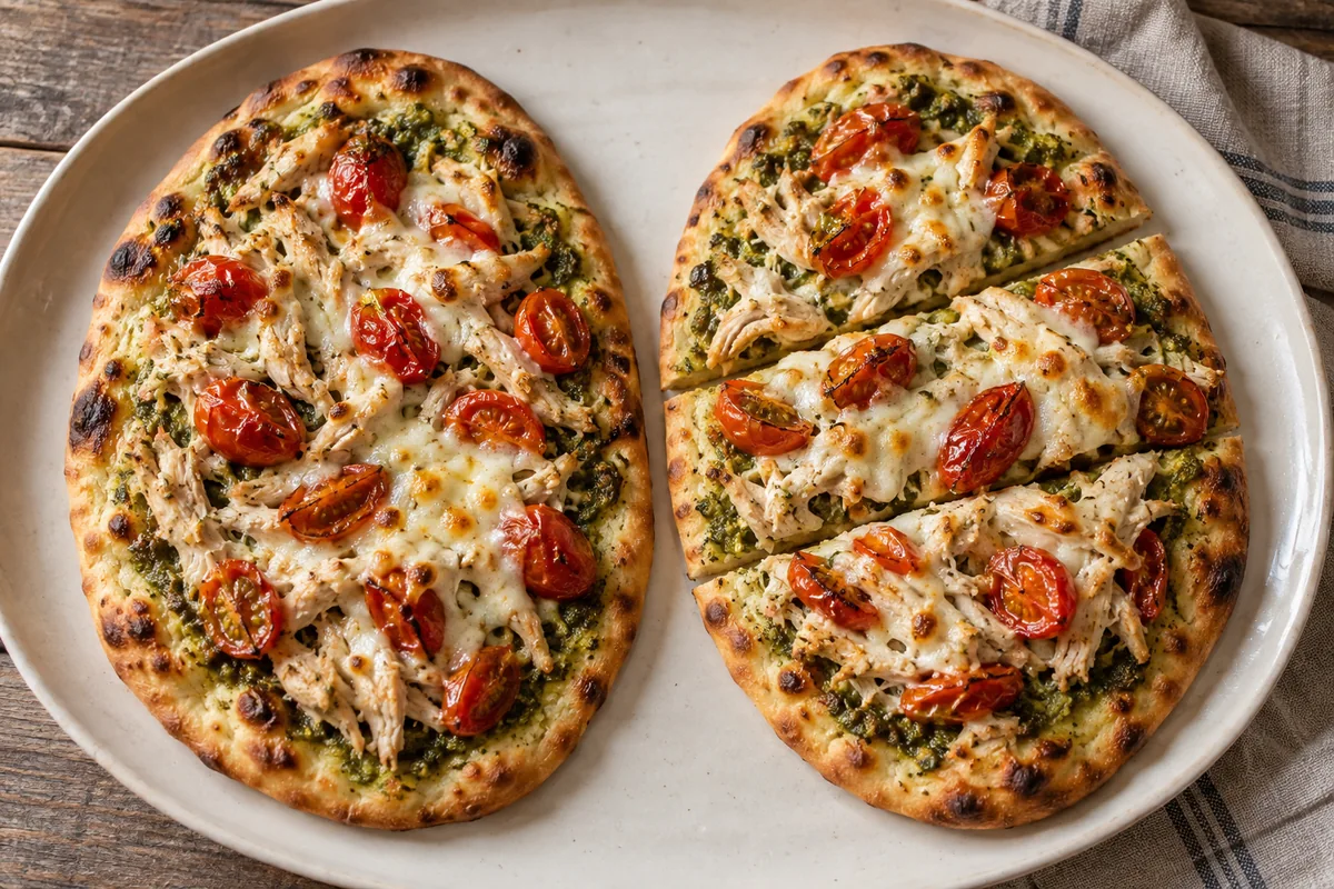 AI-generated serving inspiration for Pesto Chicken Flatbreads for Two