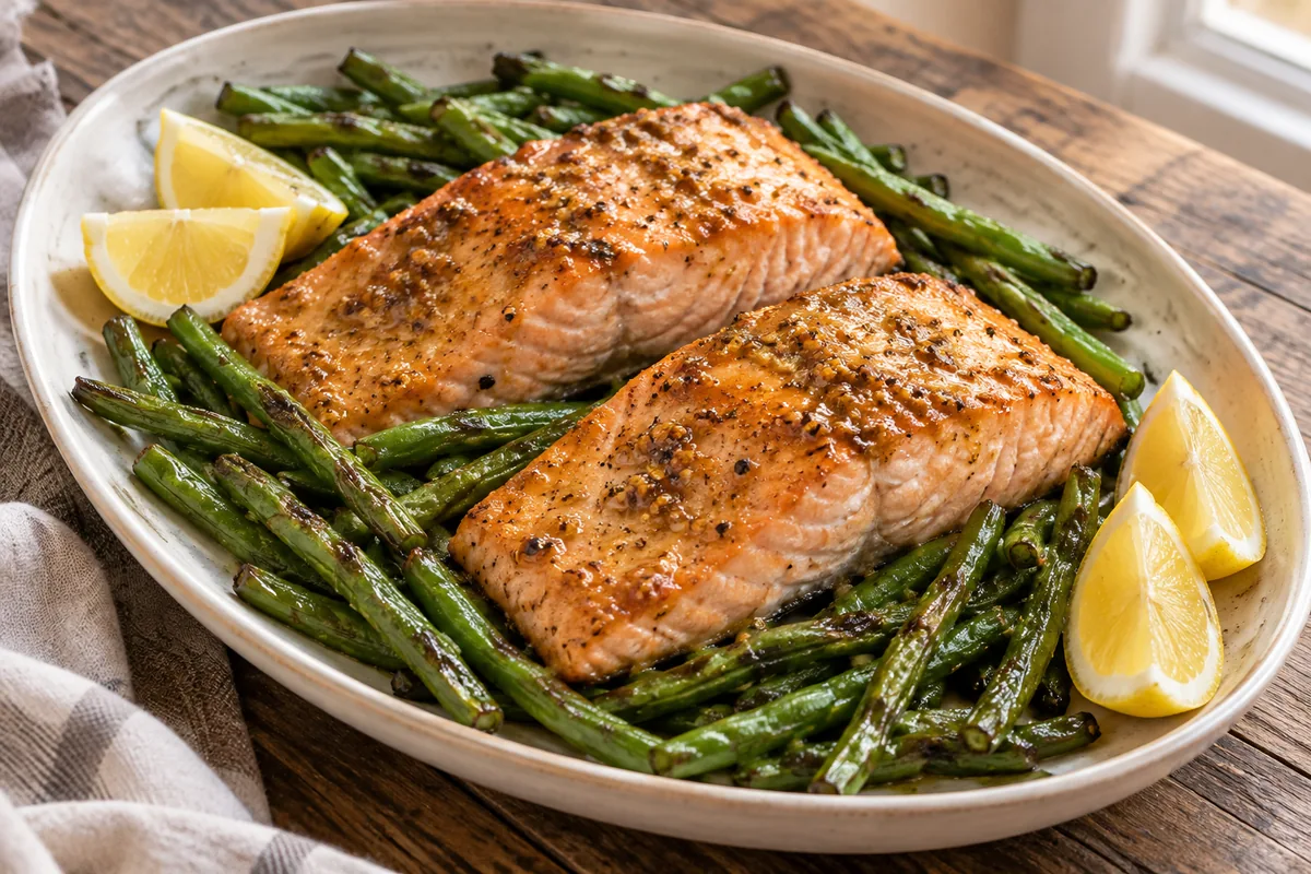 AI-generated serving inspiration for Salmon and Green Beans for Two
