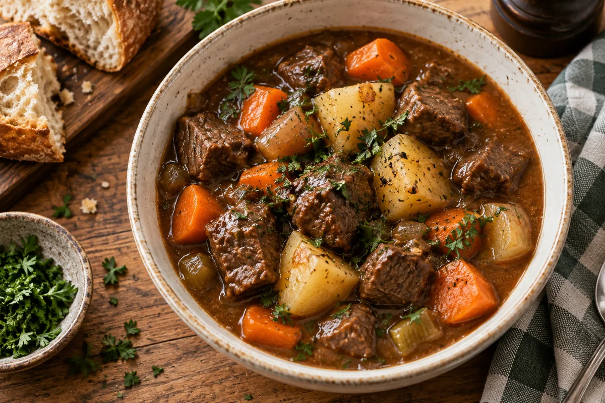 AI-generated beef stew serving inspiration with carrots and potatoes